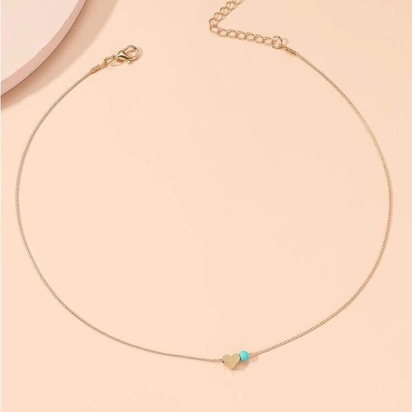 Heart Pendant Necklace with light blue bead on Gold Tone Chain - Picture 5 of 7